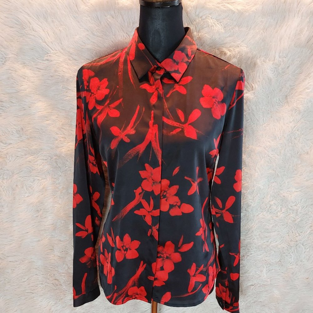 Guess Women's Red Floral Buttons Down Long Sleeve Sheer Shirt Siz  S